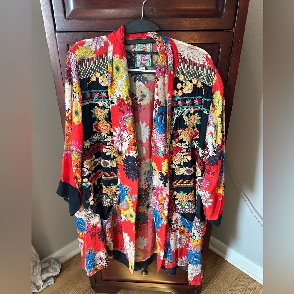 JOHNNY WAS EMBROIDERED SILK & RAYON KIMONO JACKET